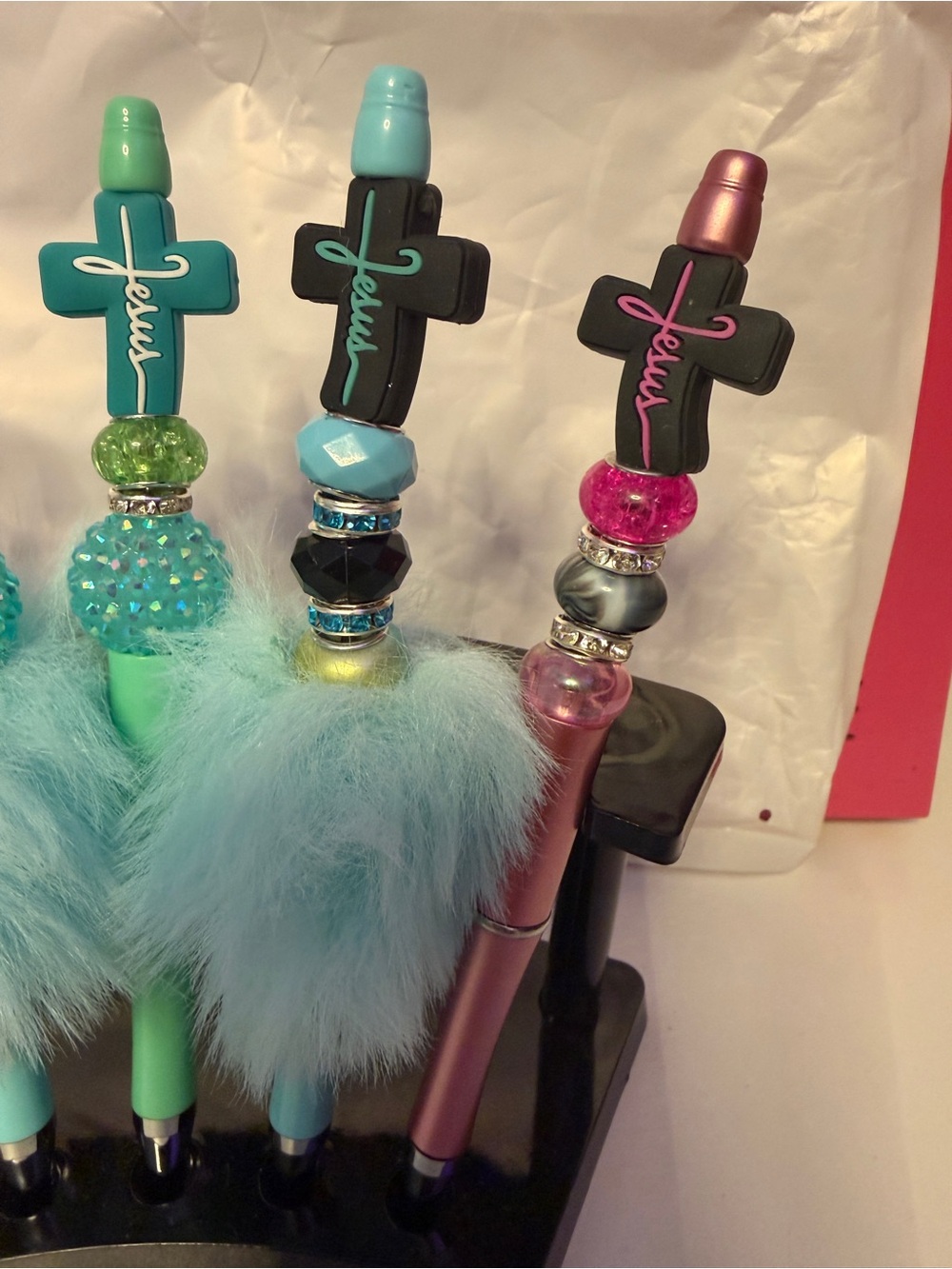 CHRISTIAN Custom Cross Charm Pens with Tassels & Fur - Teal, Pink, Black, White - Picture 5 of 5